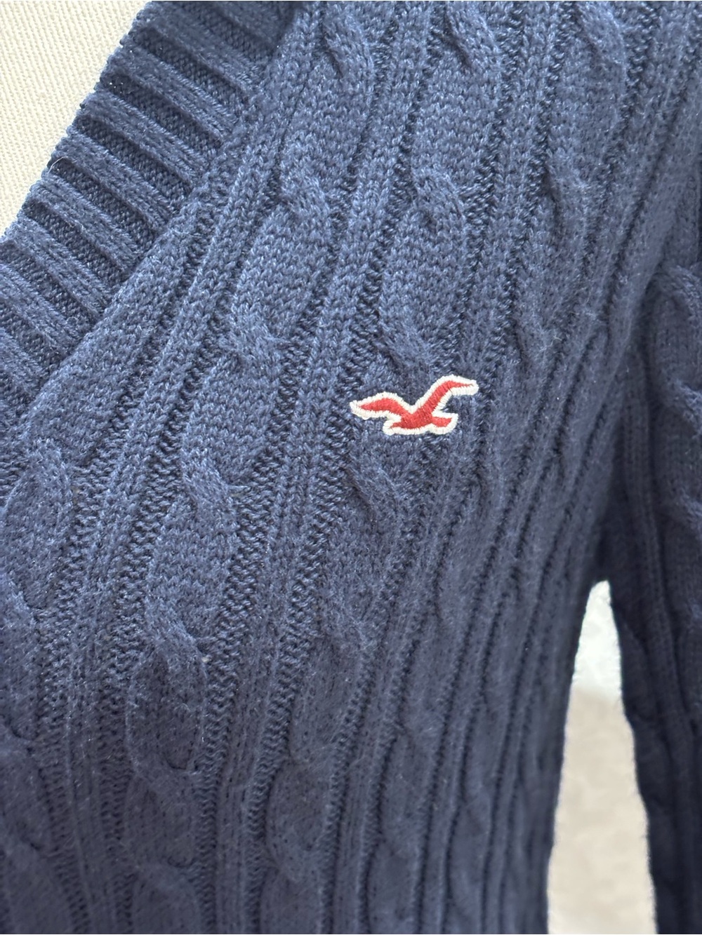 Hollister Cable Knit V Neck Hoodie Sweater Navy Blue Size Medium M NWT - Picture 7 of 10